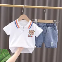 Clothing Sets Summer Kids Luxury Designer Clothes for Baby Boy Cartoon Pullover Short Sleeve T-shirts and Denim Shorts Children's Tracksuits 230322