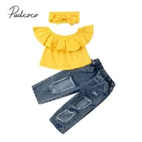 Clothing Sets 2023 Baby Summer 1-6Y Infant Kids Girl Yellow Off Shoulder Tops Ripped Jeans Denim Pant Headband 3Pcs Clothes