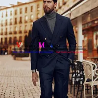 Men's Suits 2023 Formal Navy Blue Stripe Double Breasted Men Tailor Made Business Man Prom Wedding Blazer 2 Pieces (Jacket Pants)