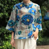 Bluzki damskie Johnature Women Blue Print Floral koszule vintage stojak siedem topów z rękawami 2023 Spring Button Chines