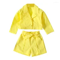 Clothing Sets Children Girls Summer Lapel Short Jacket Shorts 2pcs Set Kids Girl Cotton Solid Color Long Sleeve Coat Clothes Suit For 1-6
