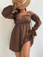 Plus Size Dresses Large 4xl Mini Dress Women's Brown Off Shoulder Backless 2023 Autumn Sexy Strapless Curvy Tunic Oversized
