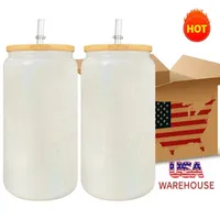 US Warehouse 16oz Sublimation Glass Beer Mugs Bamboo Lids Straw Tumblers DIY Blanks Cans Heat Transfer Cocktail Iced Coffee Cups Whiskey Glasses Mason Jars E0322