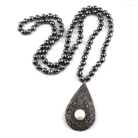 Pendant Necklaces MOODPC Faceted Hematite Stone Long Knotted Neck Handmade Crystal Paved Pearl Drop Women Ethnic Necklace