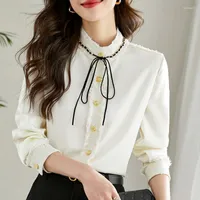 Women's Blouses 2023 Spring Women Shirt Bowknot Long Sleeve OL Blouse Stand Collar Patchwork Tassels Single-breasted Tops