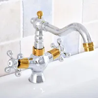 Bathroom Sink Faucets Gold Silver Brass Faucet Basin Mixer Tap Double Cross Head Handle Single Hole And Cold Water Nsf811