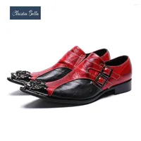 Dress Shoes Christia Bella British Style Red Black Patchwork Men Genuine Leather Party Wedding Slip On Business Male