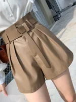 Women's Shorts Spring Women High Waist Loose Pu Faux Leather With Belt Casual Female Wide Leg Elegant OL Bottoms