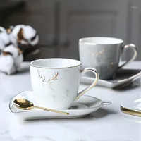 Mugs Nordic Elk Golden Edge Coffee Mug With Leaf Shape Tray Teaspoon Set Cafe Household Tumbler Cappuccino Espresso Cup Holder
