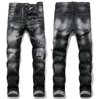 jeans D2 Mens Rips Stretch Black Jeans Fashion Slim Fit Washed Motocycle Denim Pants Panelled Hip HOP Trousers slim-fit