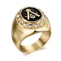 mason Ring Men's Masonic Stainless Steel 316L Vintage Gold Color Crystal Mason Signet Finger Jewelry AG Cluster Ring305U