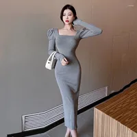 Casual Dresses 2023 Fashion Temperament Square Neck Slim Fit Elastic Sexy Hip Pack Puff Sleeve Split Dress