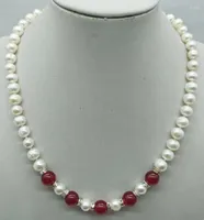Chains Beautiful 8-9mm White Freshwater Cultured Pearl &10mm Red Jade Round Bead Necklace 18 Inch Handmade Women's Jewelry