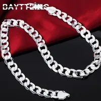 BAYTTLING 925 Silver 18 20 22 24 26 28 30 inches 12MM Flat Full Sideways Cuba Chain Necklace For Women Men Fashion Jewelry Gifts268Z