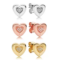 Classical design 3 colors Heart Stud EARRING 18K Gold Rose gold plated for Pandora 925 Sterling Silver Signature Heart Stud Earrin308u