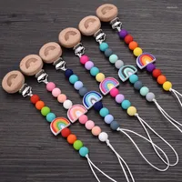 Pacifiers Beech Wooden Baby Pacifier Clip Handmade Cartoon Rainbow Silicone Teething Beads Infant Nipple Chain Nursing Toy Chew Gift