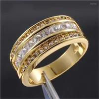 Cluster Rings Men's Deluxe 10K Yellow Gold Princess-cut White Diamond Crystal Gemstone Band Ring Wedding For Men Women Jewelry