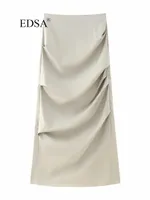 Skirts EDSA Women Elegant Khaki Pleated Midi Skirt 2023 High Waist Back Slit At Hem Metal Zip Bodycon Female 230322
