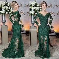 Sparkly Wedding Dresses Long Illusion Sleeve Vintage Dark Green Mother of The Bride Dresses Lace Appliques Mermaid Formal Gowns