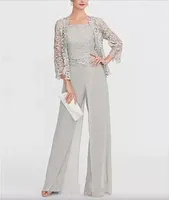 Elegant Chiffon Mother Of The Bride Pants Suit With Short Lace Jacket Cheap Wedding Guest Dresses Women Beach Country Formal Party Wear