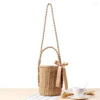 Evening Bags Retro Fashion Simple Solid Color Straw Bag Mori One Shoulder Handkerchief Bucket Woven Cylinder Beach