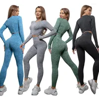Active Sets Seamless Yoga Set Sport Outfits For Women 2 Pieces Long Sleeves Shirts High Waisted Leggings Fitness Gym Clothing Sportswear