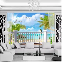 3D po wallpaper custom 3d wall murals wallpaper Scenic seaside coconut tree blue sky white clouds mediterranean balcony backgro2670