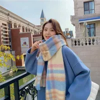 Scarves Women's Autumn and Winter Ac Plaid Scarf Korean Version Imitation Cashmere Thickened Warm Versatile Western-style Mohair Shawl