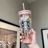 Starbucks Pink Sakura Goddess Double Glass Straw Cup Large Capacity Drinking Cup 591ml281j