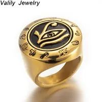 Cluster Rings Valily Men's Stainless Steel Egypt Eye Of Horus Ring Gold Round Top Signet Protection Symbol Jewelry For Man341A
