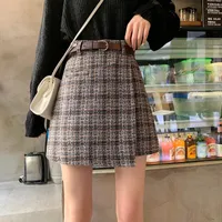 Skirts Plaid High Waist Mini Skirt Belt Woolen Vintage A-Line Woman Autumn Winter Split Thickened Casual Streetwear I910