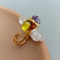 Cluster Rings YYGEM Natural Amethyst Druzy White Quartz Point Yellow Crystal Ring Gold Plated Adjustable Gems