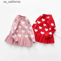 Girl's Dresses Autumn Winter Infant Baby Girls Sweater Dress LOVE Heart Print Knit Long Sleeve Ruffles A-Line Mini Dress 1-5Y W0323