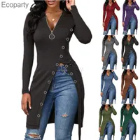 Women's T Shirts 2023 Spring Fall Women Clothing Long Sleeve Zipper V Neck Ribbed Knit Design Causal T-Shirts Side Split Hem Top Tee