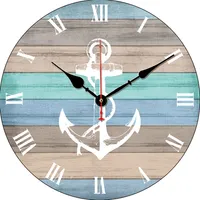 Wall Clocks Clock 12" Round Large Rustic Beach Wood Nautical Stripes Anchor Wall Clock Reloj De Pared Silent Wood Style Wall Clock Art 230323