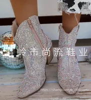 Boots Pointed Toe Short Boots Women Champagne Silver Wide Calf Embroidered Sequin Diamond Block Heel Pull-On Cowgirl Booties Shoes 230323