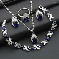 Necklace Earrings Set Wedding Silver Color Bridal Jewelry For Women Royal Blue Zirconia Pendant Ring Bracelet Christmas Gift