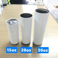DIY Sublimation Straight Tumbler 15-20-30oz Blank Skinny Tumblers Stainless Steel Vacuum Insulated Car Mug with METAL Straw Bursh and Rubber Bottom