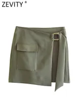 Skirts Zevity Women Safari Style Pocket Patch A Line Mini Skirt Faldas Mujer Female Chic Buckle Lace Up Casual Vestidos QUN3569 230323