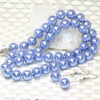 Necklace Earrings Set Wholesale Price Bohemia Style 10mm Lake Blue Round Beads Faux Pearl Shell Women Gifts Jewelry 18inch B2353