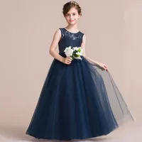 Girl Dresses Puffy Tulle Flower Scoop Neck Illusion Lace A-Line With Bow Belt Sleeveless Floor-Length Baby Birthday Party Dress