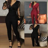 Women's Jumpsuits Stylish Women Deep V Neck Mesh Lace Long Sleeve Sequins Glitter Jumpsuit One Piece Overall Party Streetwear