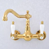 Bathroom Sink Faucets Polished Gold Color Brass Kitchen Basin Faucet Mixer Tap Swivel Spout Wall Mounted Dual Ceramic Handles Msf607