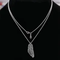 Flashing Light Feather CZ Diamond Necklace for Pandora 925 Sterling Silver High Quality Ladies Pendant Necklace with Original Box249i