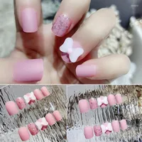 False Nails Nagel Tips 24PCS Midi Pink Press On Sweet Style Wearable Bow Artificial