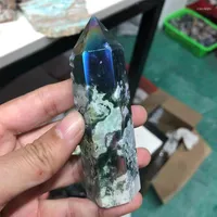 Decorative Figurines Wholesale Natural Aura Moss Agate Point Angel Rainbow Crystal Tower Wand For Decoration