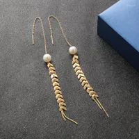 Stud Earrings 316L Stainless Steel Pearl Wheat Leaf Ear Line Tassels Earring For Women Fashion Fine Jewelry Party Gifts SAE679