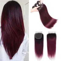 Colored Brazilian Burgundy Virgin Hair Bundles With Lace Closure 1B 99j Brazilian Ombre Straight Human Hair Weaves Extensions With292g