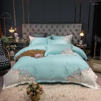 Bedding Sets Teal Blue Green Patchwork Chic Embroidery Ultra Soft Egyptian Cotton Comforter Cover Bed Sheet 2 Pillow Shams Full Queen