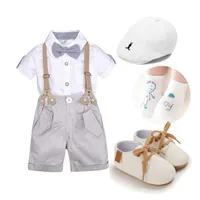 Clothing Sets Gentleman Baby Clothes Boys 1 Year Birthday Outfit White Suit with Suspender Shorts Shoes Cap for Toddler Wedding Party AA230322